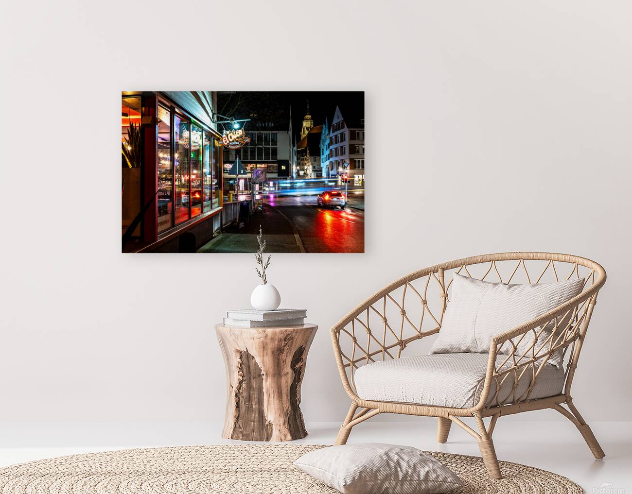 Night shot of restaurant and blurred car lights on a main street in Tübingen Reproduction
