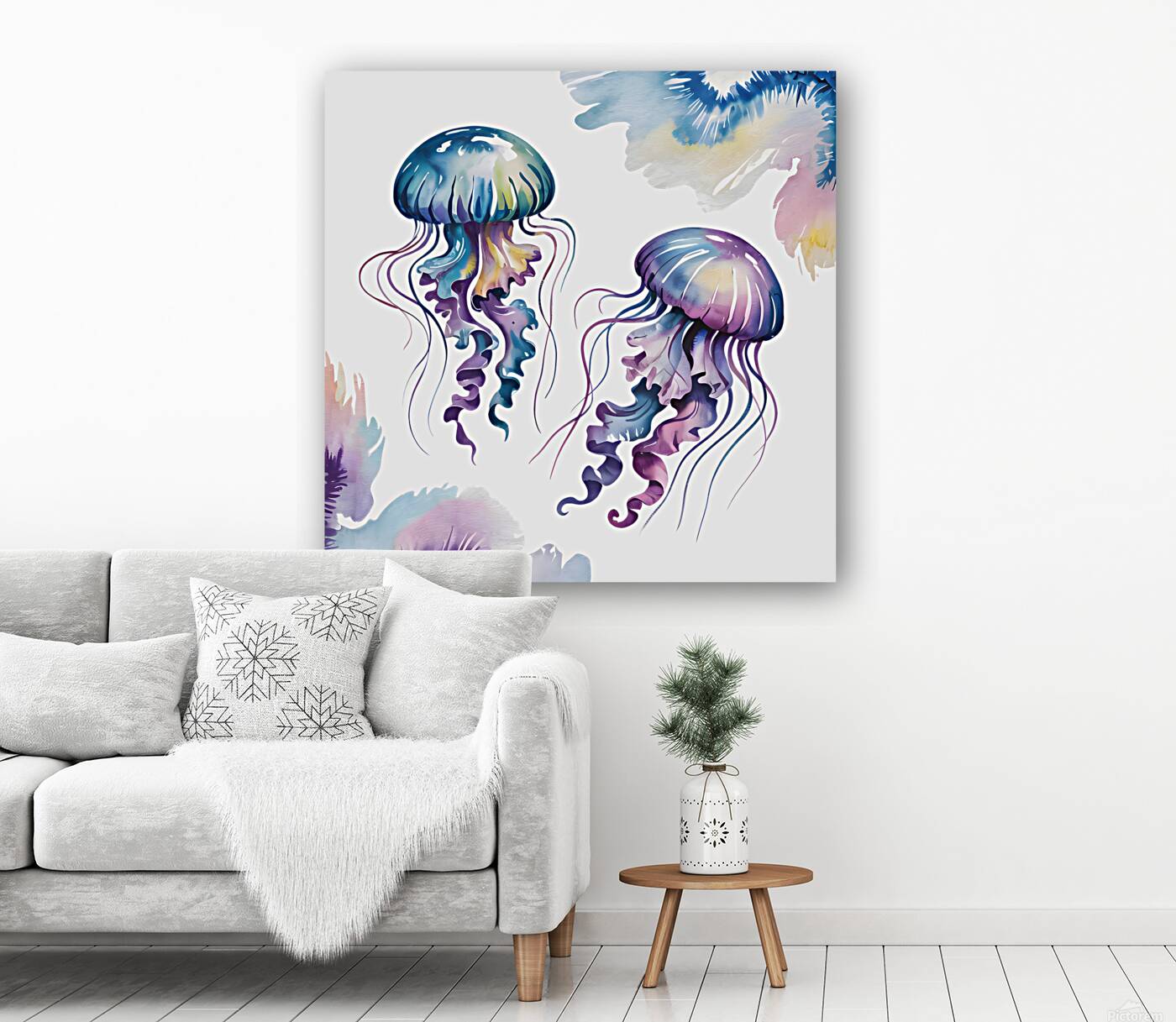 Vibrant Watercolor Jellyfish on White Background – Ocean-Inspired Digital Art Print Reproduction