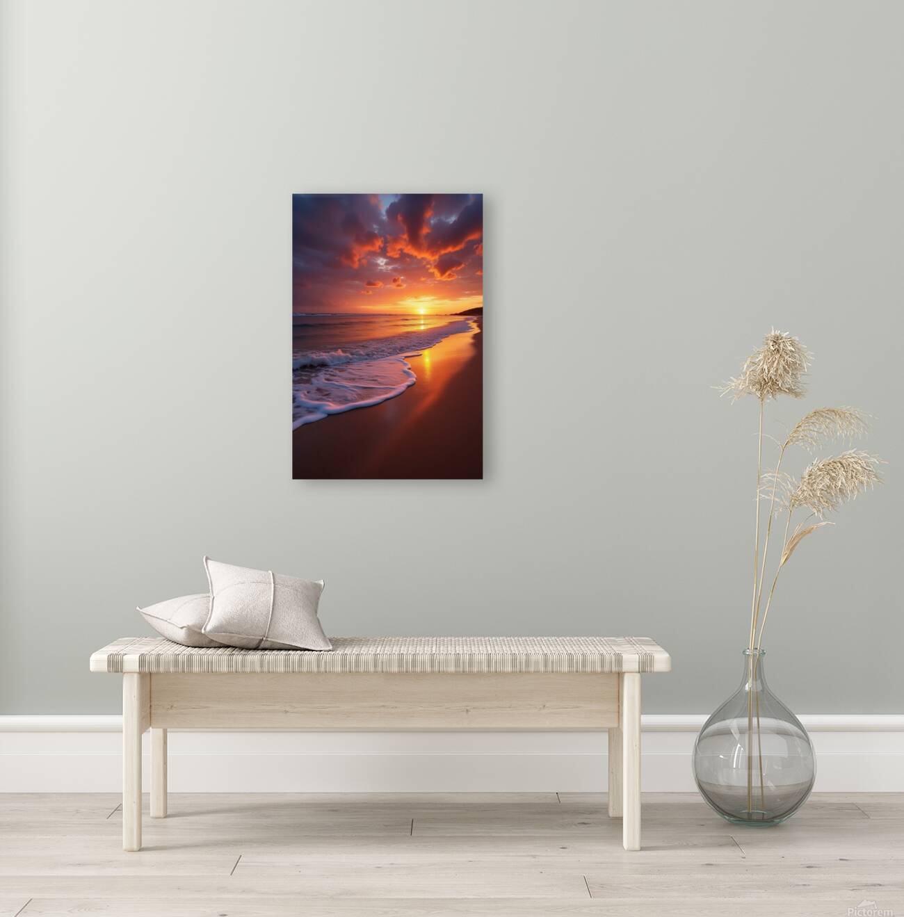Radiant Ocean Sunset – Serene Waves and Fiery Sky Reproduction