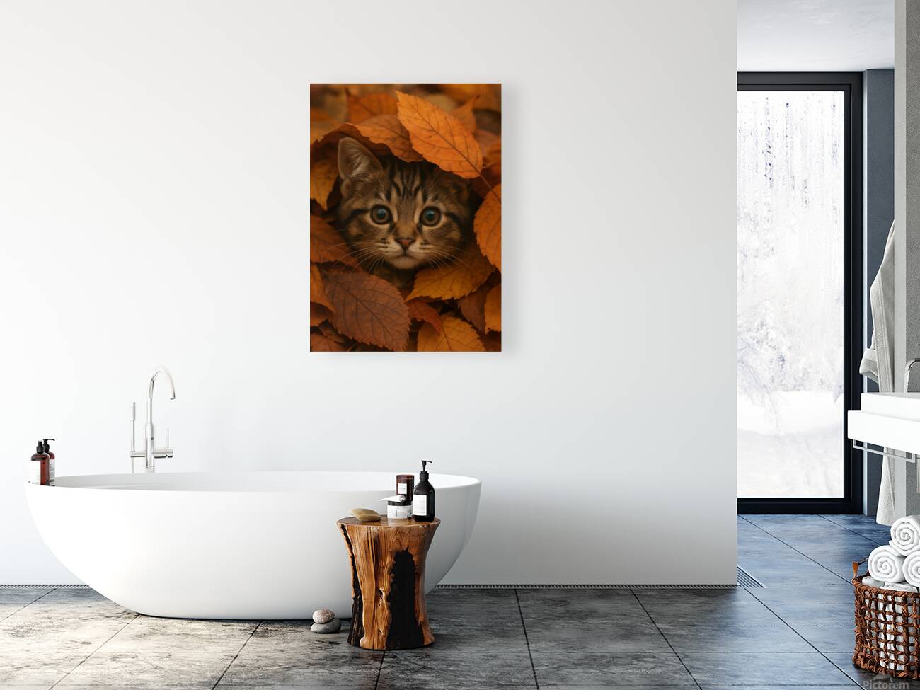 Cute Tabby Kitten in Autumn Forest Leaves Reproduction