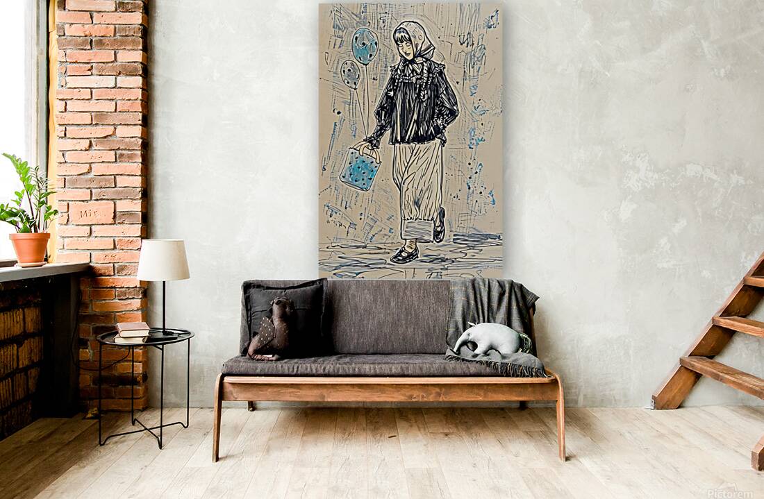 ArtXcl 048 woman walk balloons drawing Reproduction