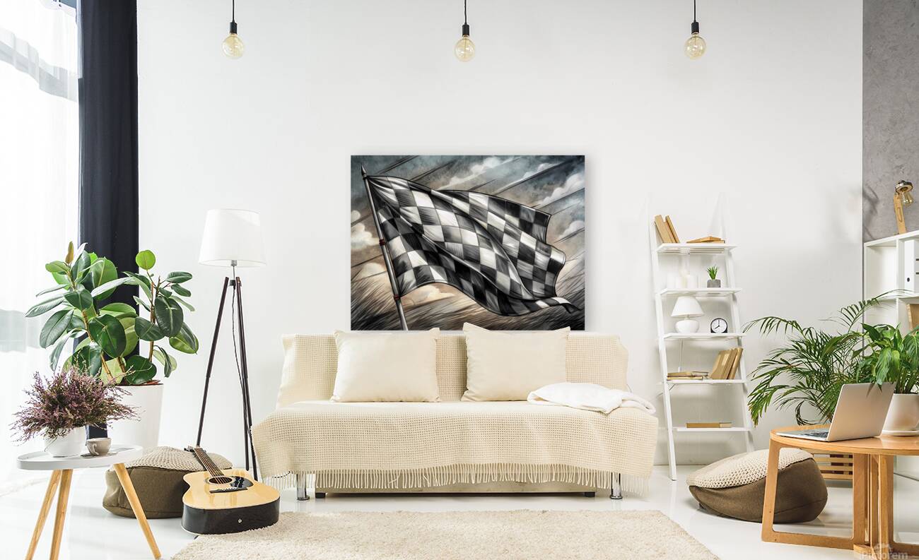 Monochrome Pencil Sketch of a Waving Checkered Racing Flag Reproduction