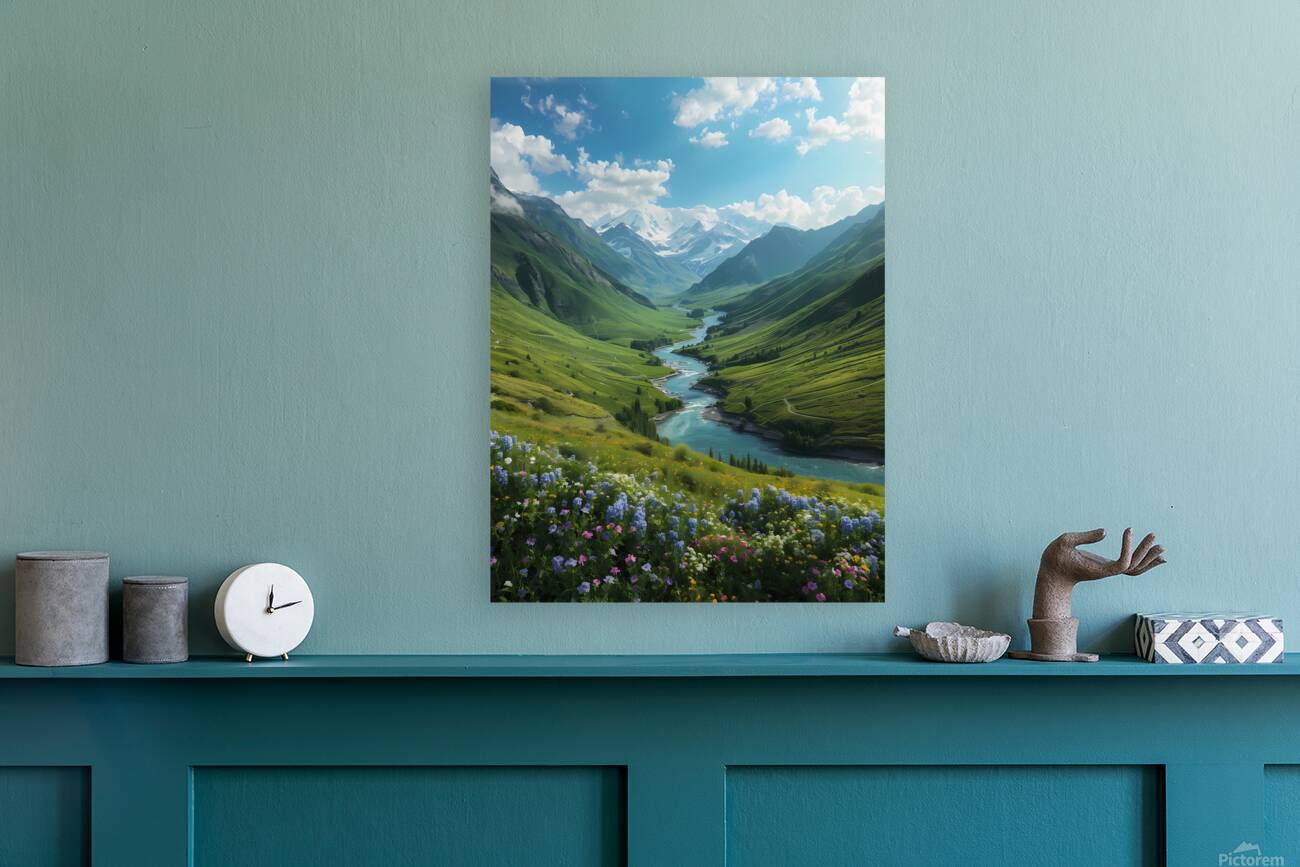 Majestic Mountain Valley with River and Wildflowers – Stunning Nature Landscape Reproduction