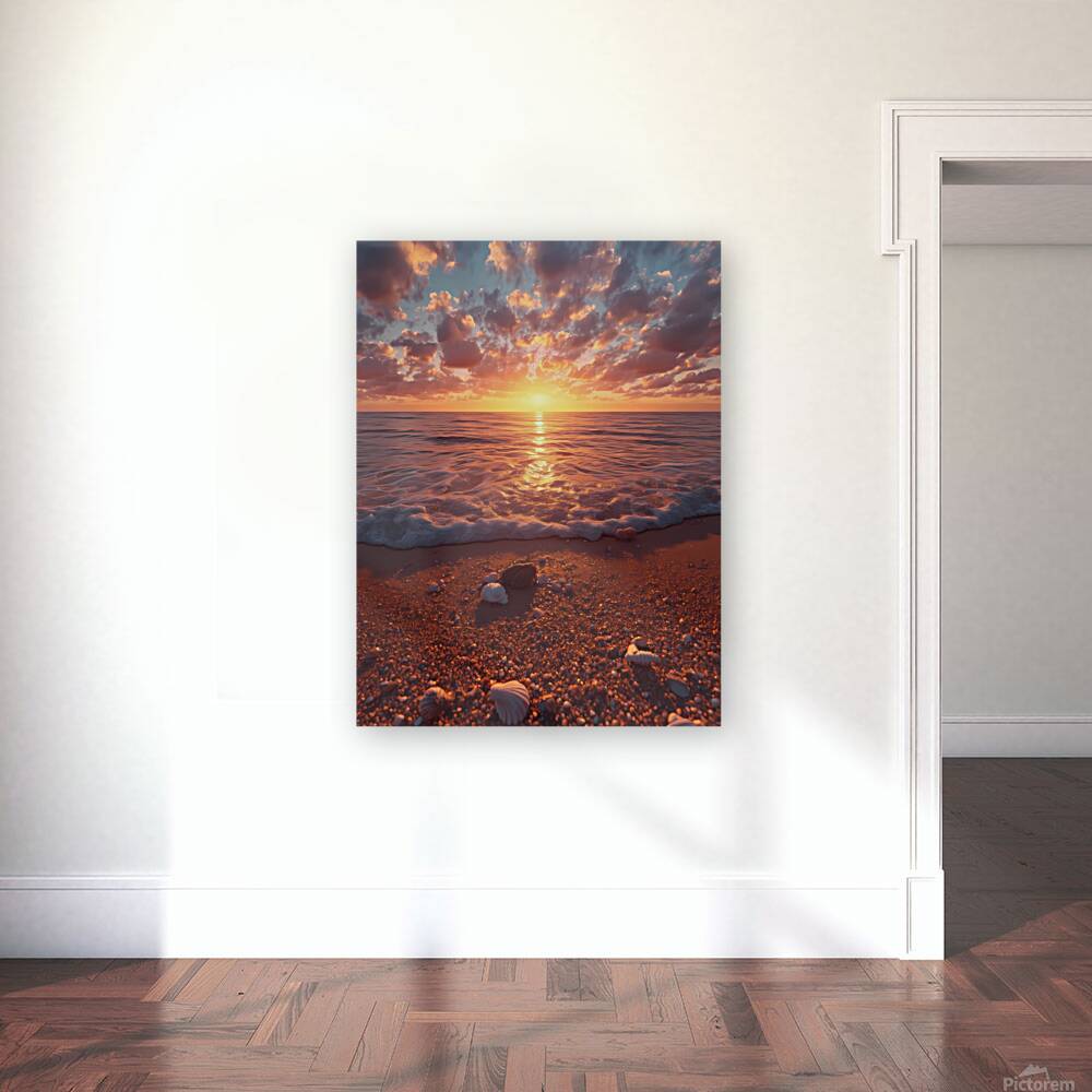 Serene Sunset Beach Scene with Seashells and Gentle Waves – Calming Ocean Wall Art Reproduction