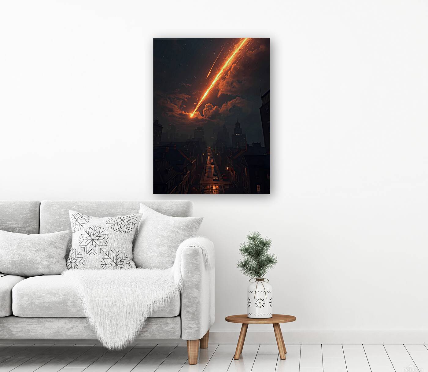 Burning Meteor Over the City – Dramatic Night Sky Art Reproduction