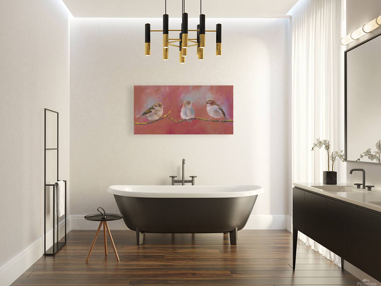 Three sparrows on a branch Reproduction