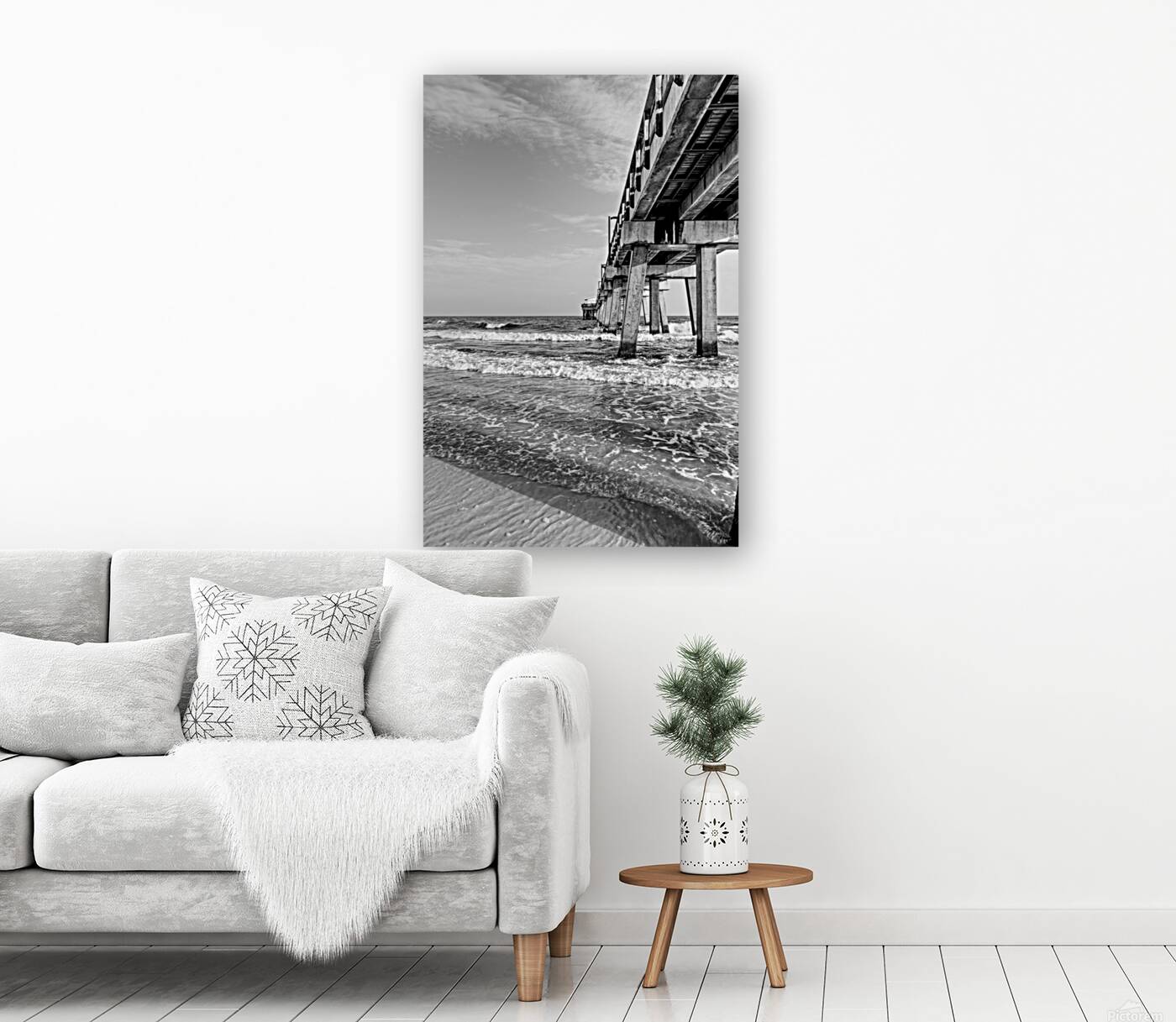 Splashing Waves Beside Gulf Shores Pier Grayscale Reproduction