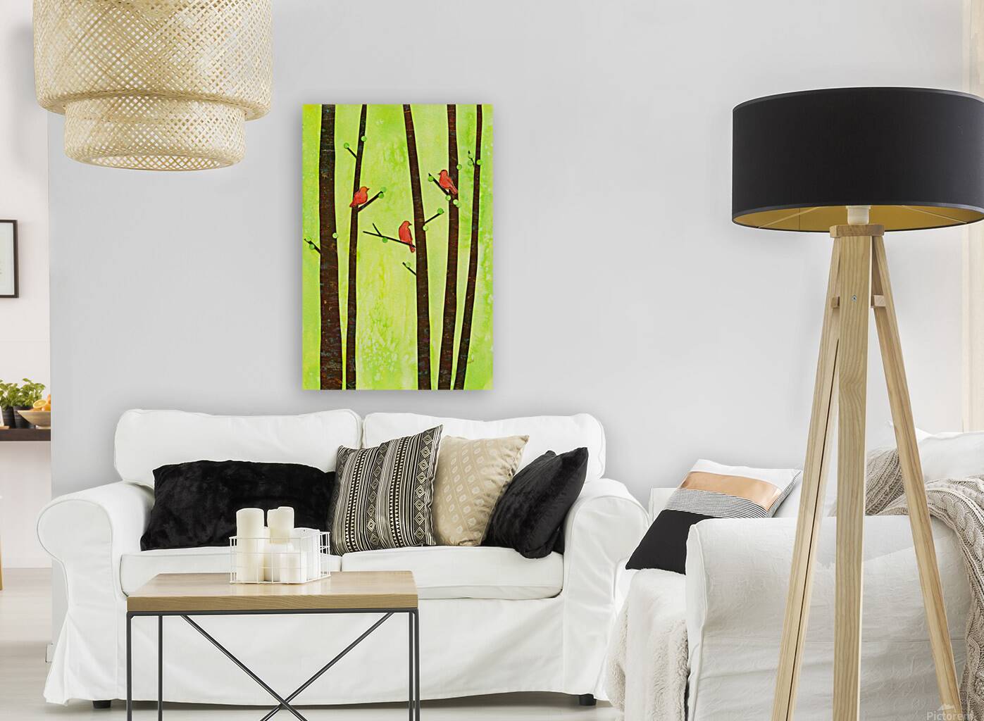 Birds in a spring forest paper collage Reproduction