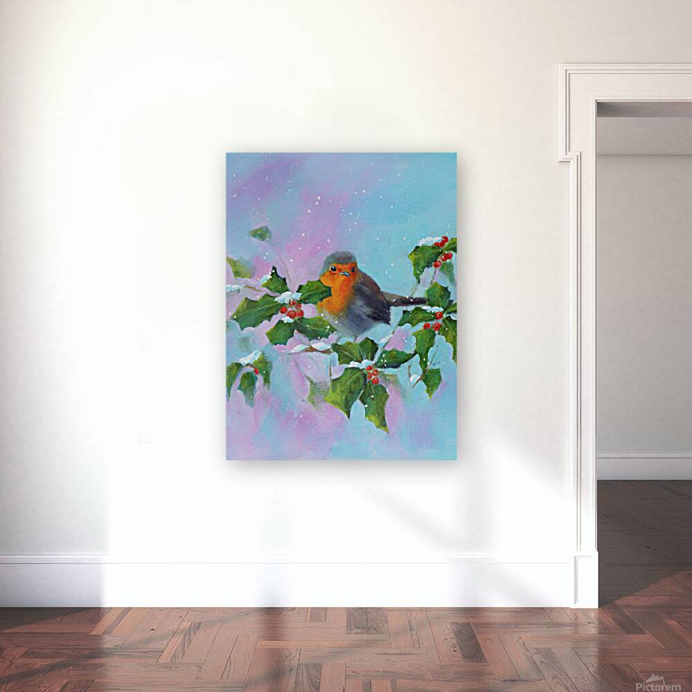 Robin with holly and winterberries vertical Reproduction