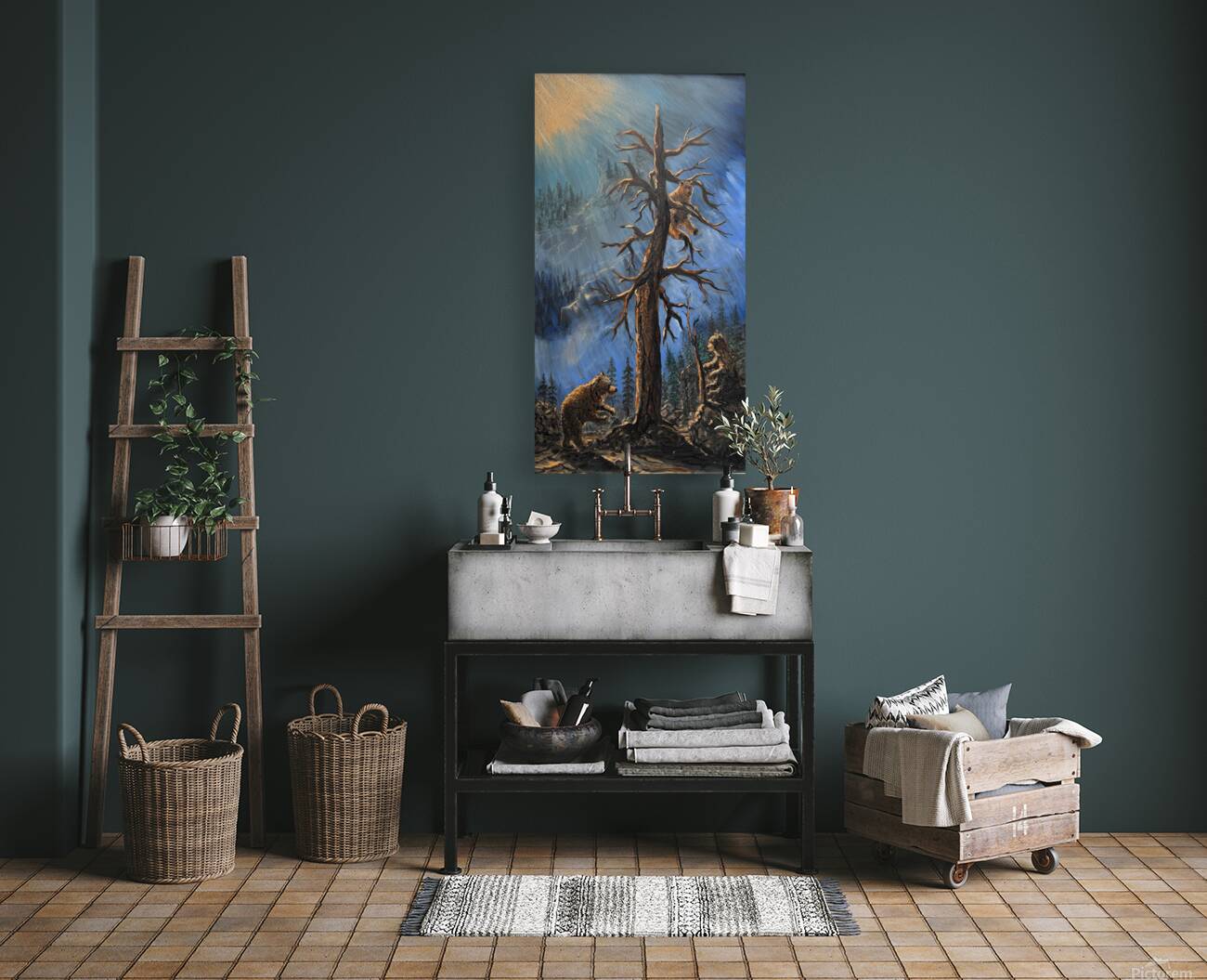 IMG 4215  Three bears playing in a tall pine tree Reproduction