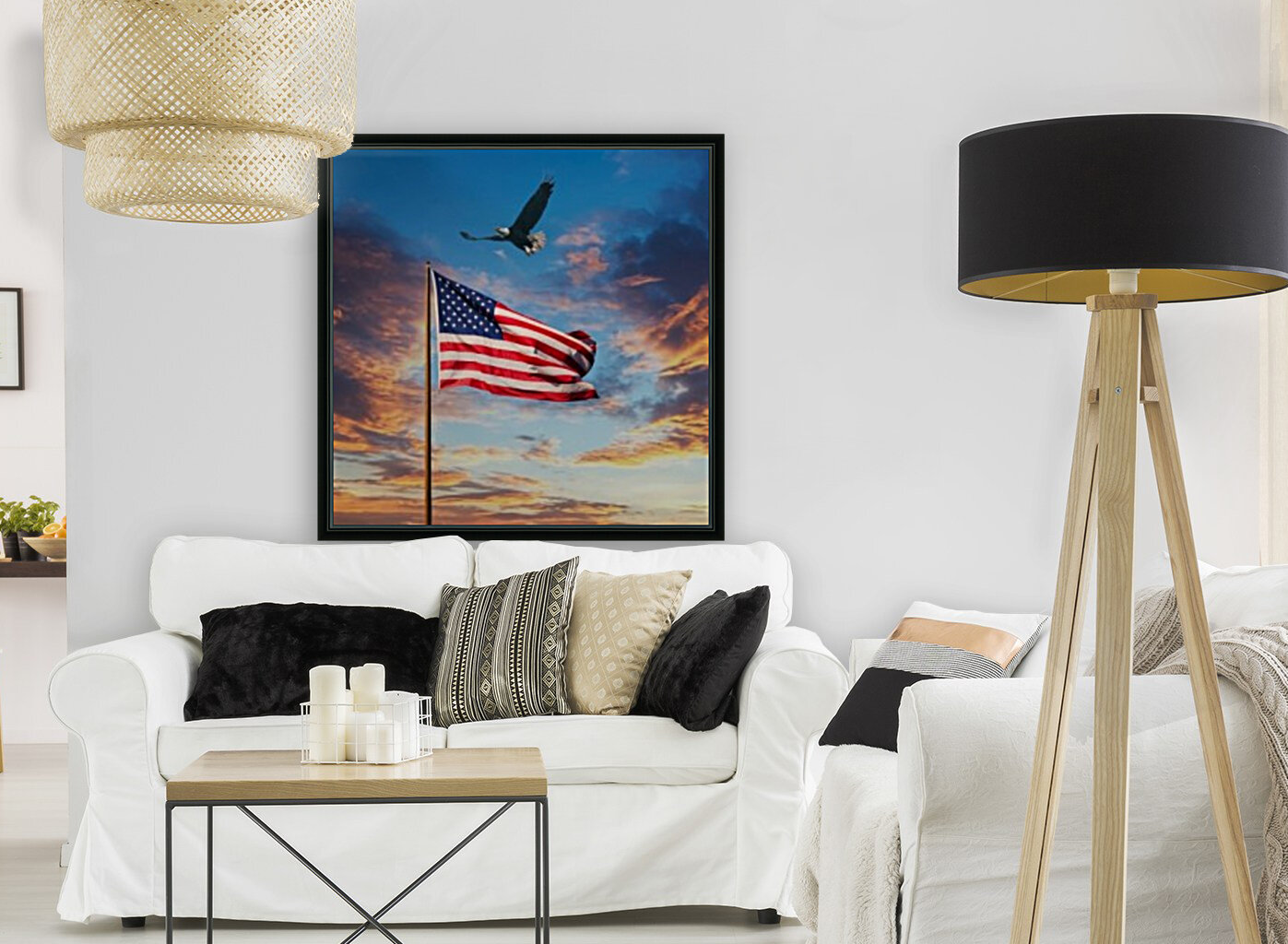 American Flag on Old Flagpole at Sunset with Eagle Reproduction