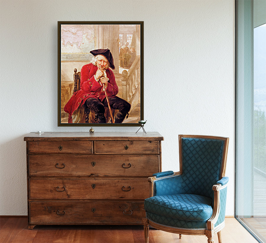 Sitting old man waiting in hall Reproduction