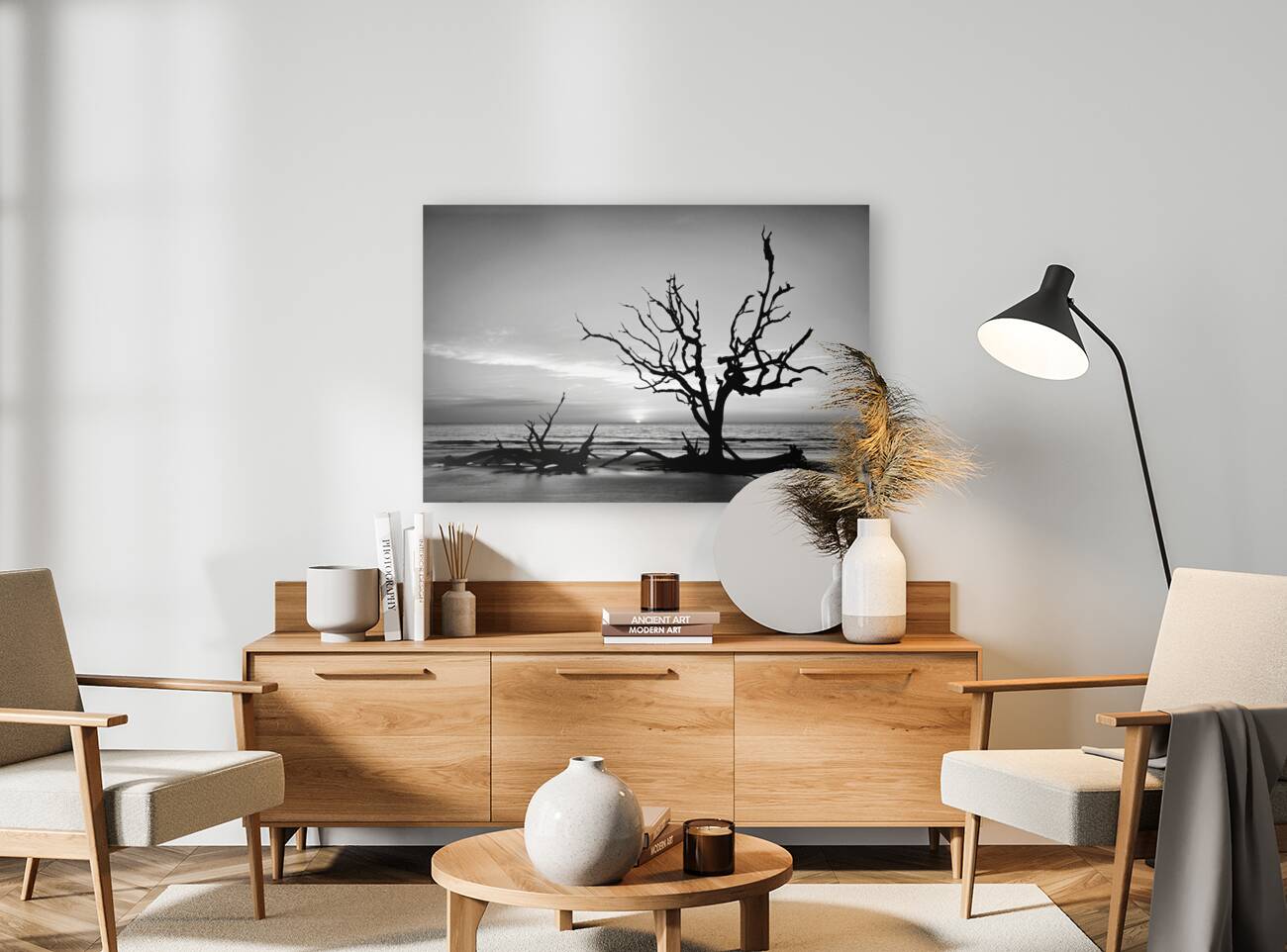 Iconic Tree Sunrise Driftwood Beach Black and White Reproduction