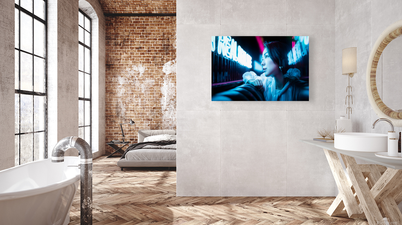 Young Chinese woman portrait with neon lights Reproduction