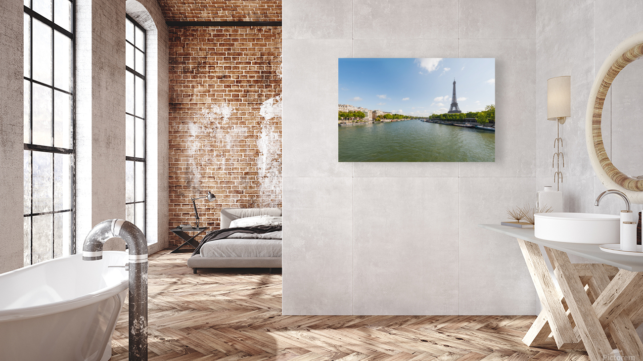 Paris and Eiffel tower with river Seine in the foreground on a sunny day Reproduction