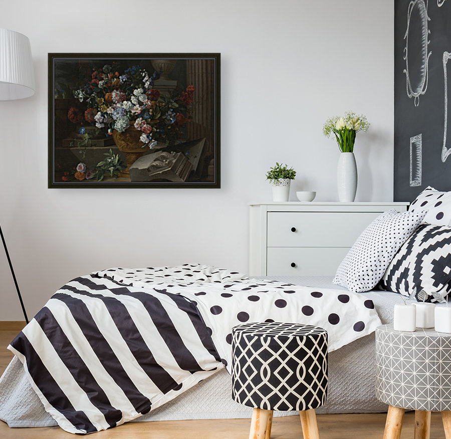 Still life with flowers in a sculpted urn with architectural fragments on a terrace Reproduction