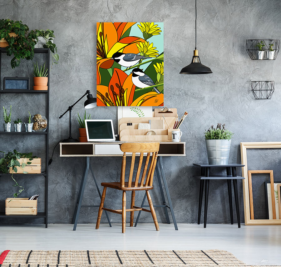 Black Capped chickadees With Orange Lily Flowers Reproduction