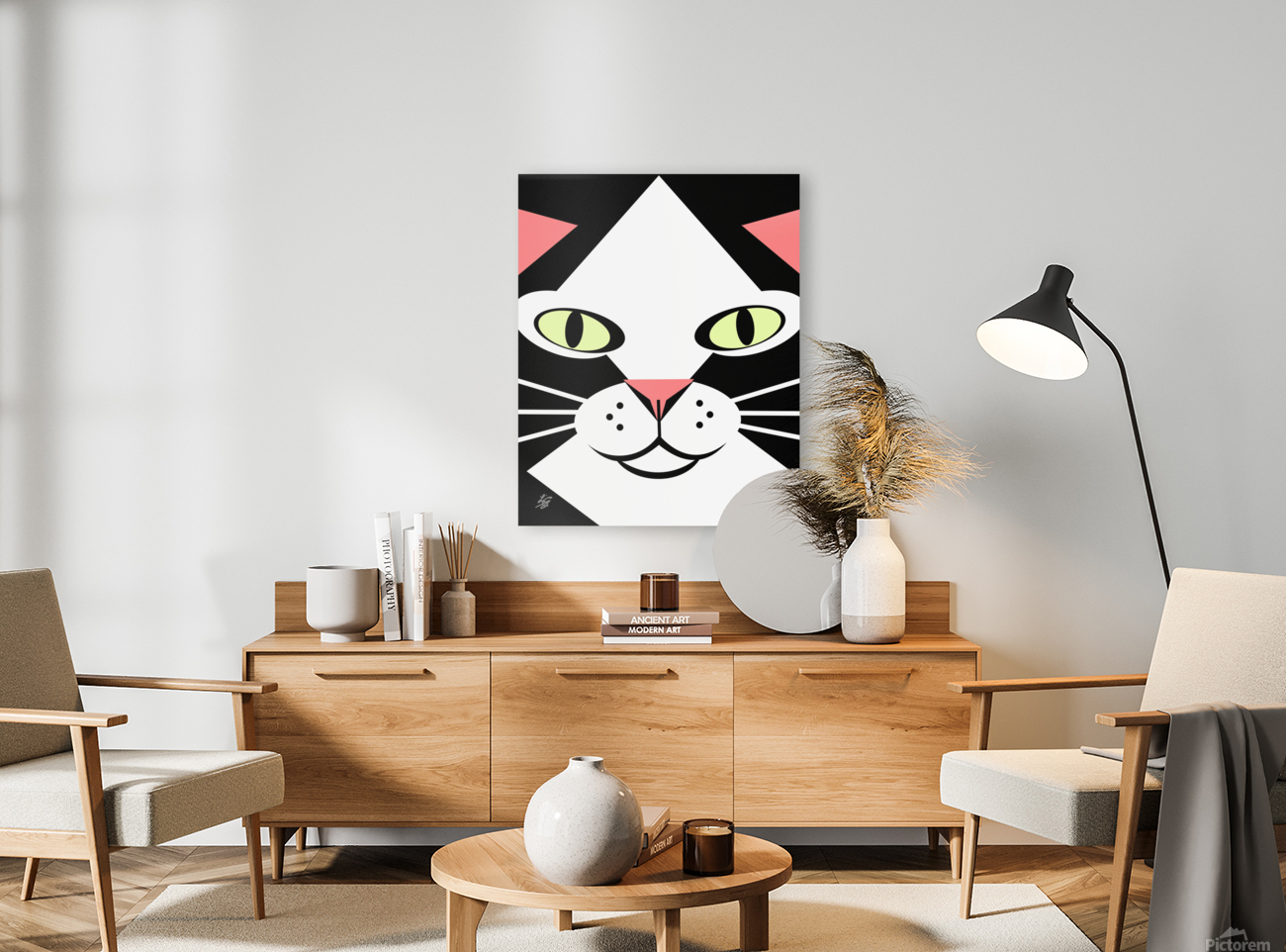 Geometric Black and White Cat Face Reproduction