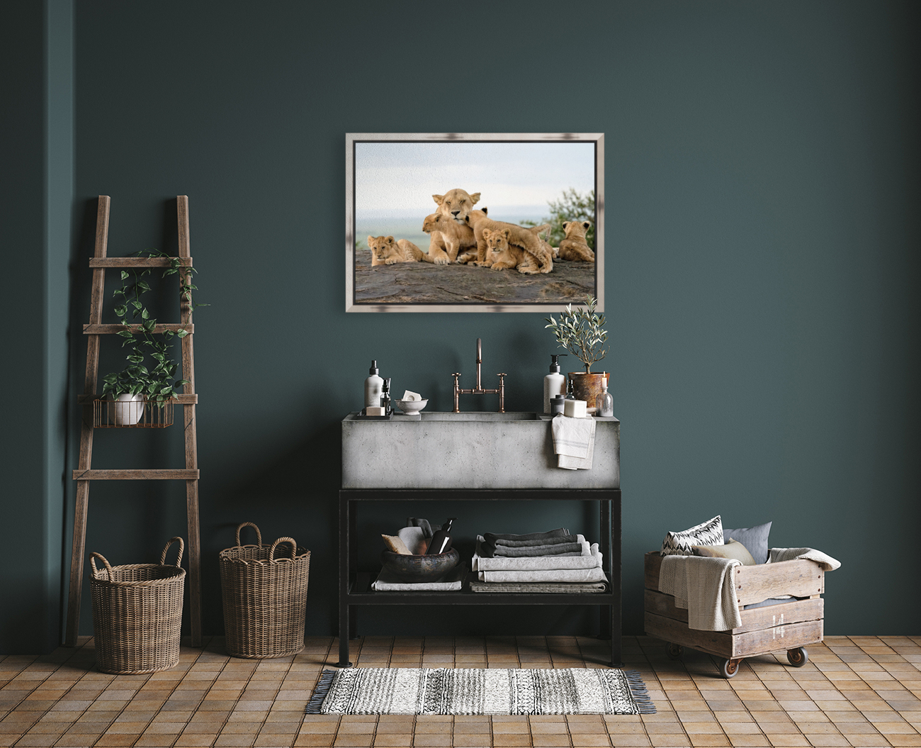 Lion Family on Rock Reproduction