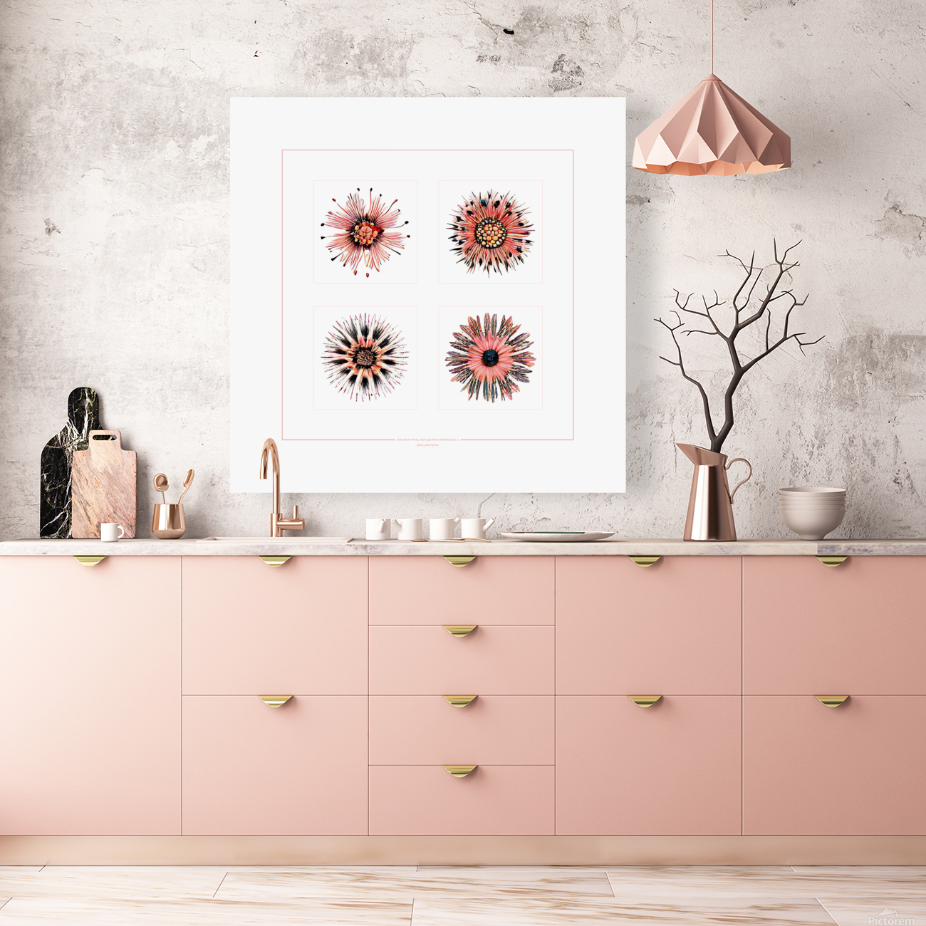 Starburst 2x2   Salmon Rouge and Charcoal 1 Reproduction