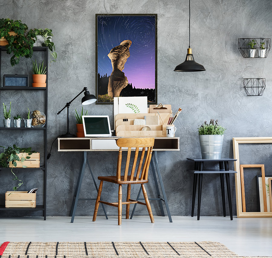 Light painting on monolith and star trails, Anse des Bonnes Femmes at Ile Niapiskau, Mingan Archipelago National Park Reserve of Canada, Cote-Nord, Duplessis region; Quebec, Canada Reproduction