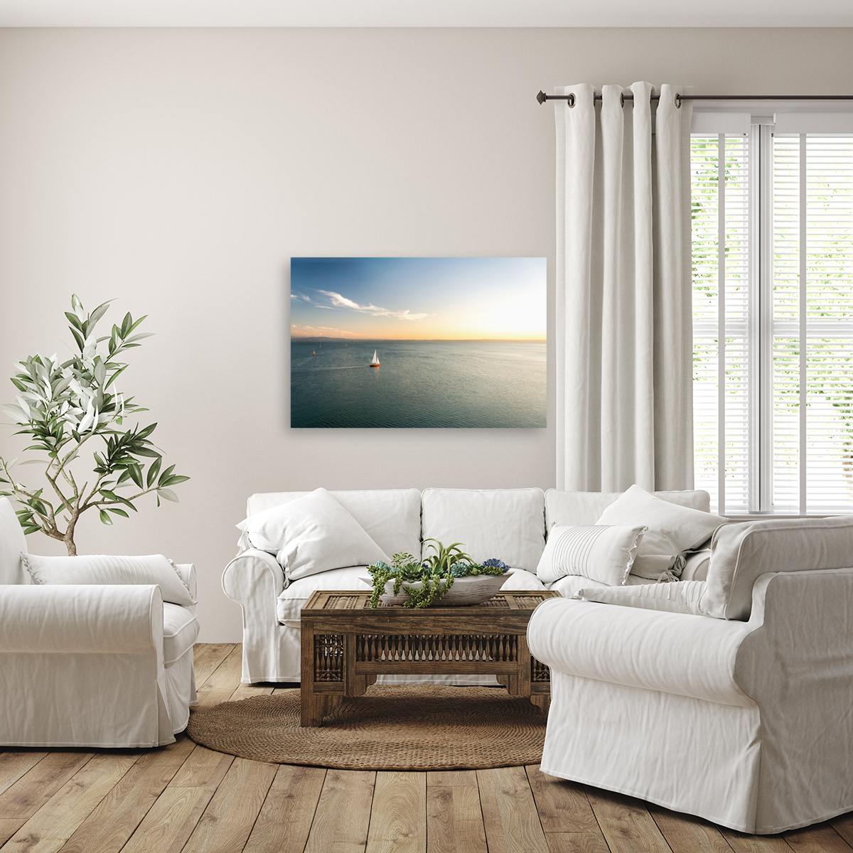 Lonely sailing boat on Lake Constance Reproduction