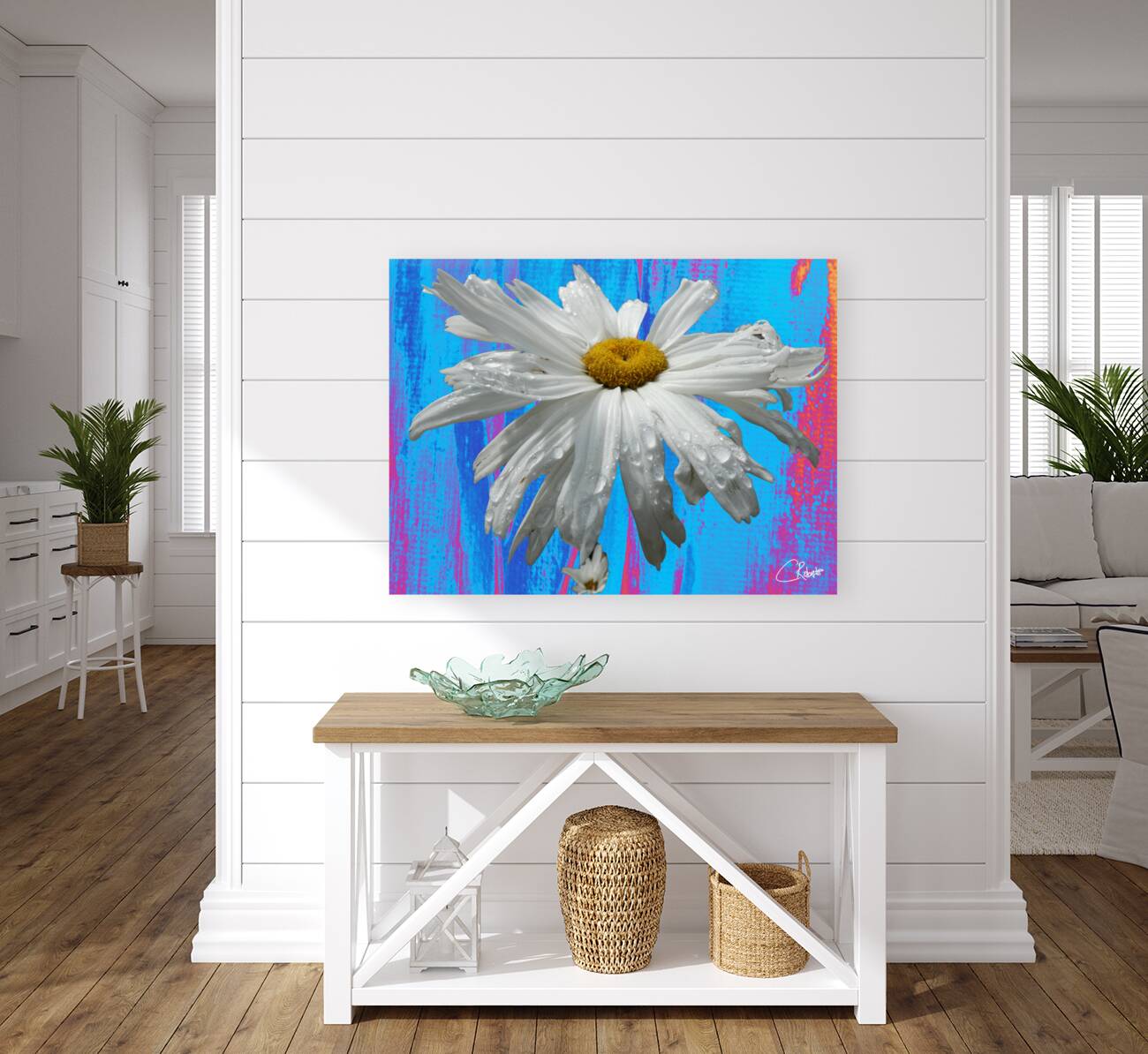  White Daises on Abstract Coloured Heatwave Background Reproduction