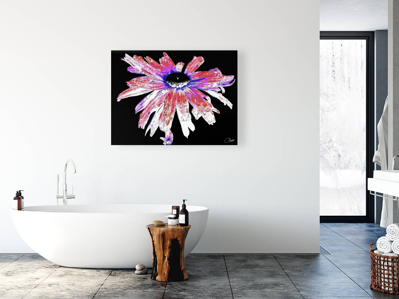 Red and White Distressed Daisy Flower on a Black Background Reproduction