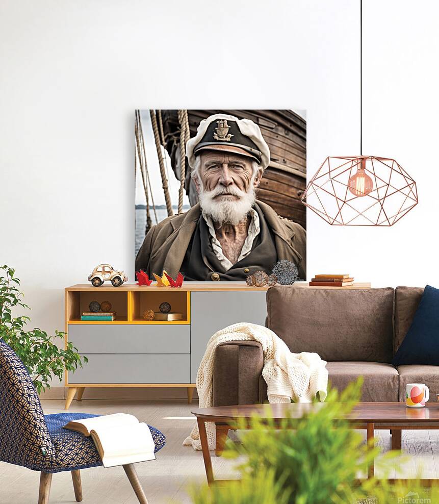 Old sailing ship captain face weathered with old wooden sailing ship in background  Reproduction