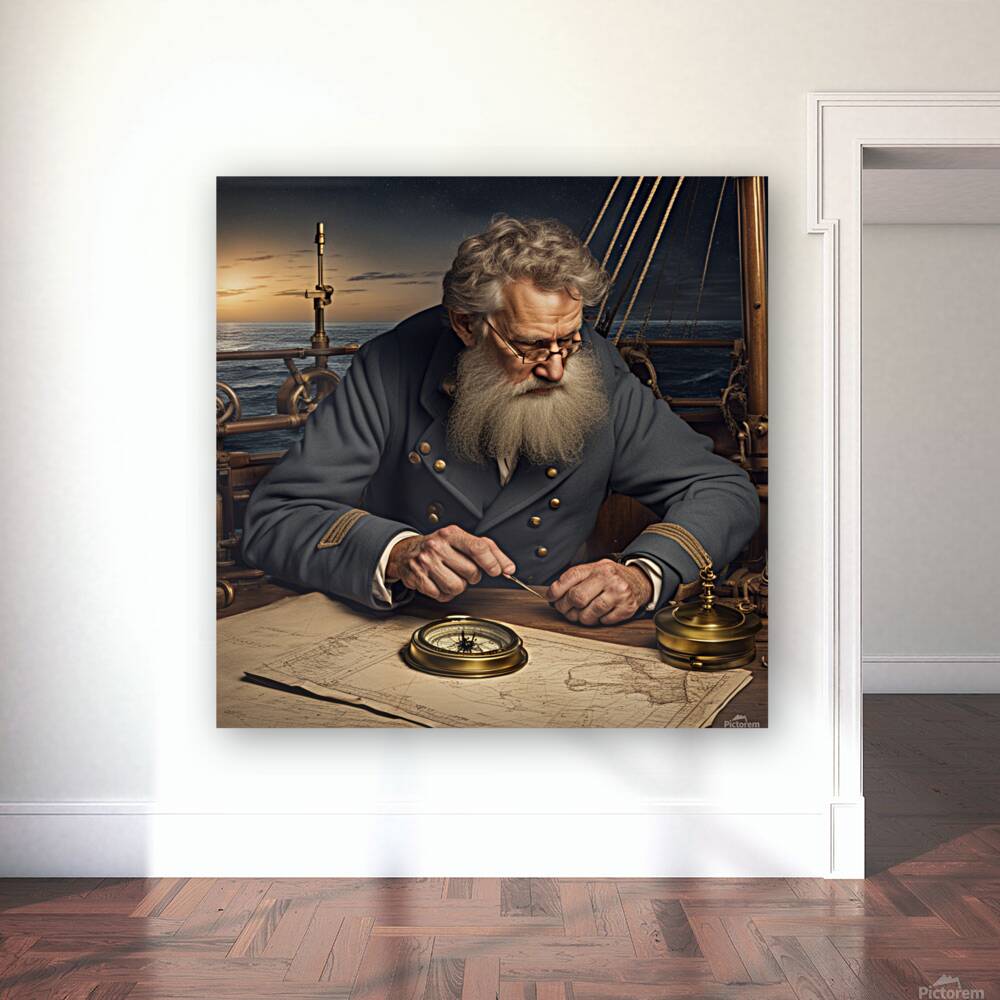 Old sailing ship captain looking at his old brass compass night time with ruff ocean behind him Reproduction