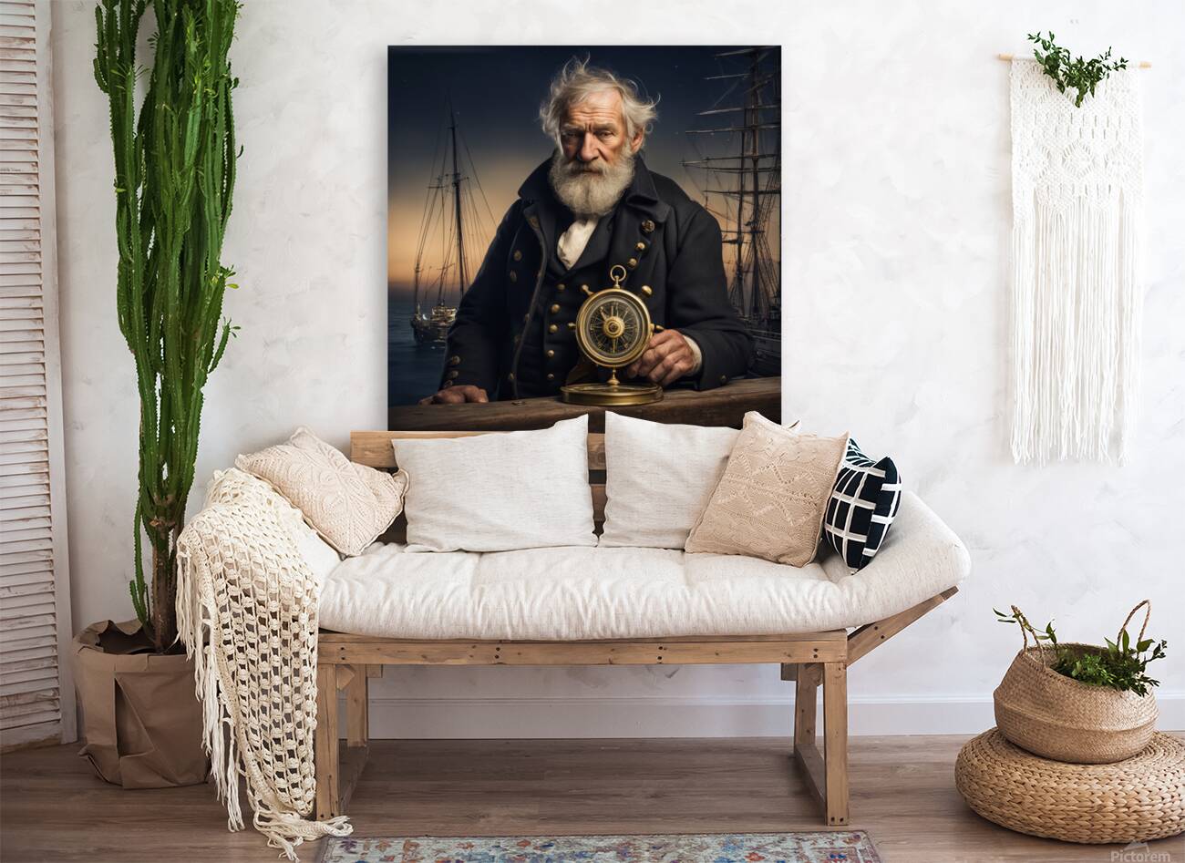 Old sailing ship captain weathered face looking at his old brass compass night time with ruff sea behind him Reproduction