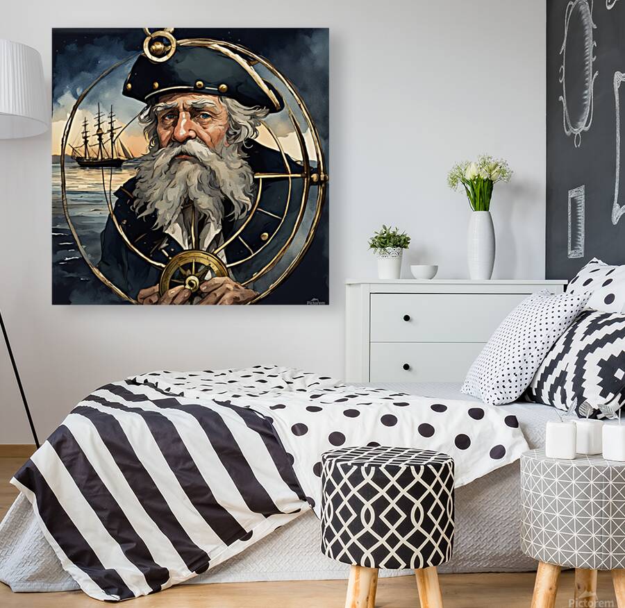 Old sailing ship captain weathered face looking at his old brass compass night time with ruff sea behind him Watercolor style Reproduction