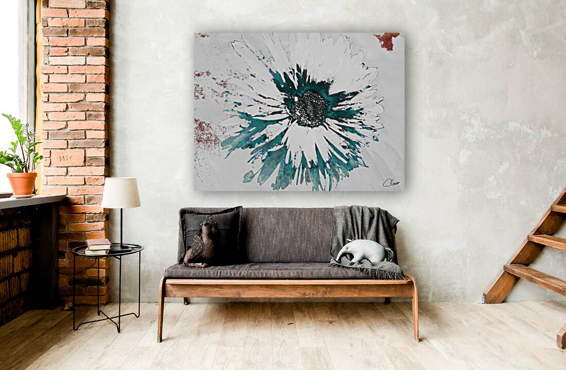 Abstract Dark Centred Daisy on a Pink and White Abstract Background Reproduction