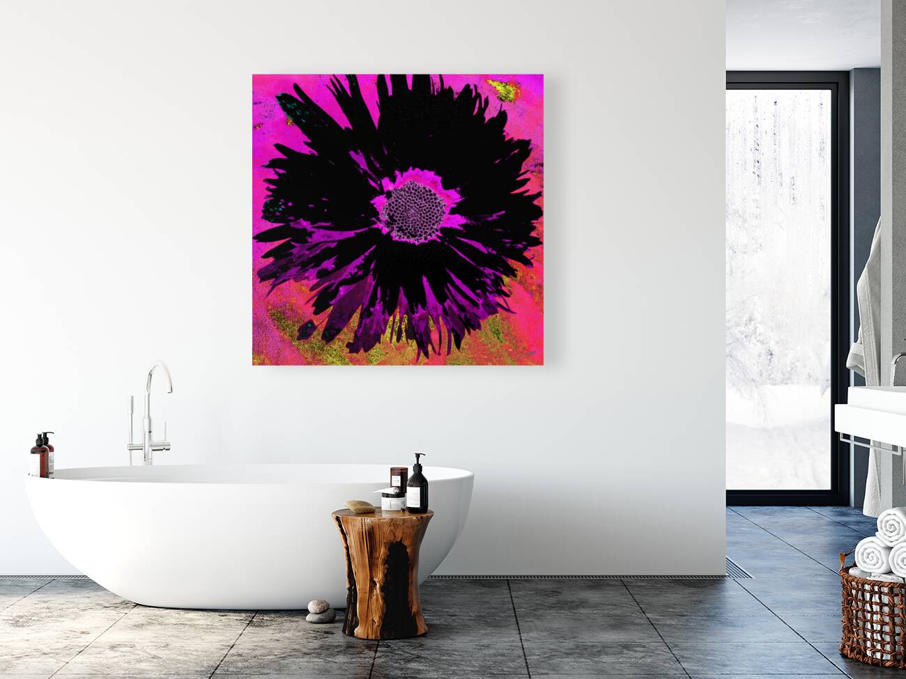 Black Abstract Daisy on a Pink Abstract Background Reproduction