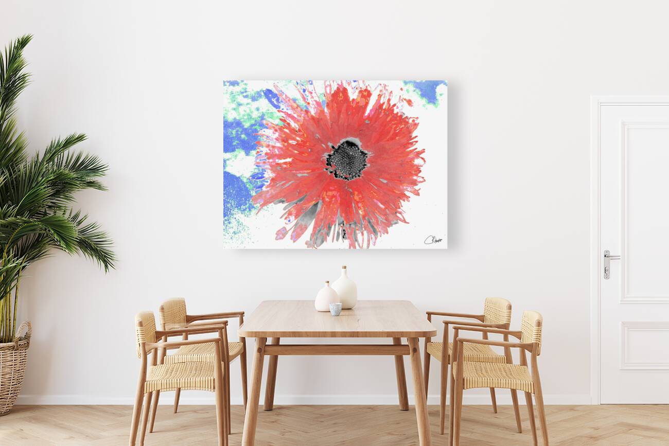 Abstract Red Daisy Flower on a Coloured Abstract Background Reproduction