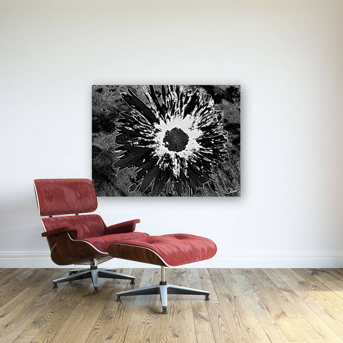 Darkly Monochrome Daisy Flower on a Dark Abstract Background Reproduction