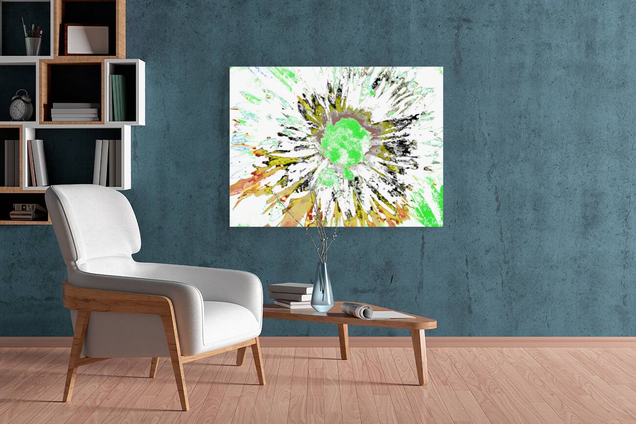 Abstract Neon Green Colour Blast Daisy Flower on an Abstract Background Reproduction