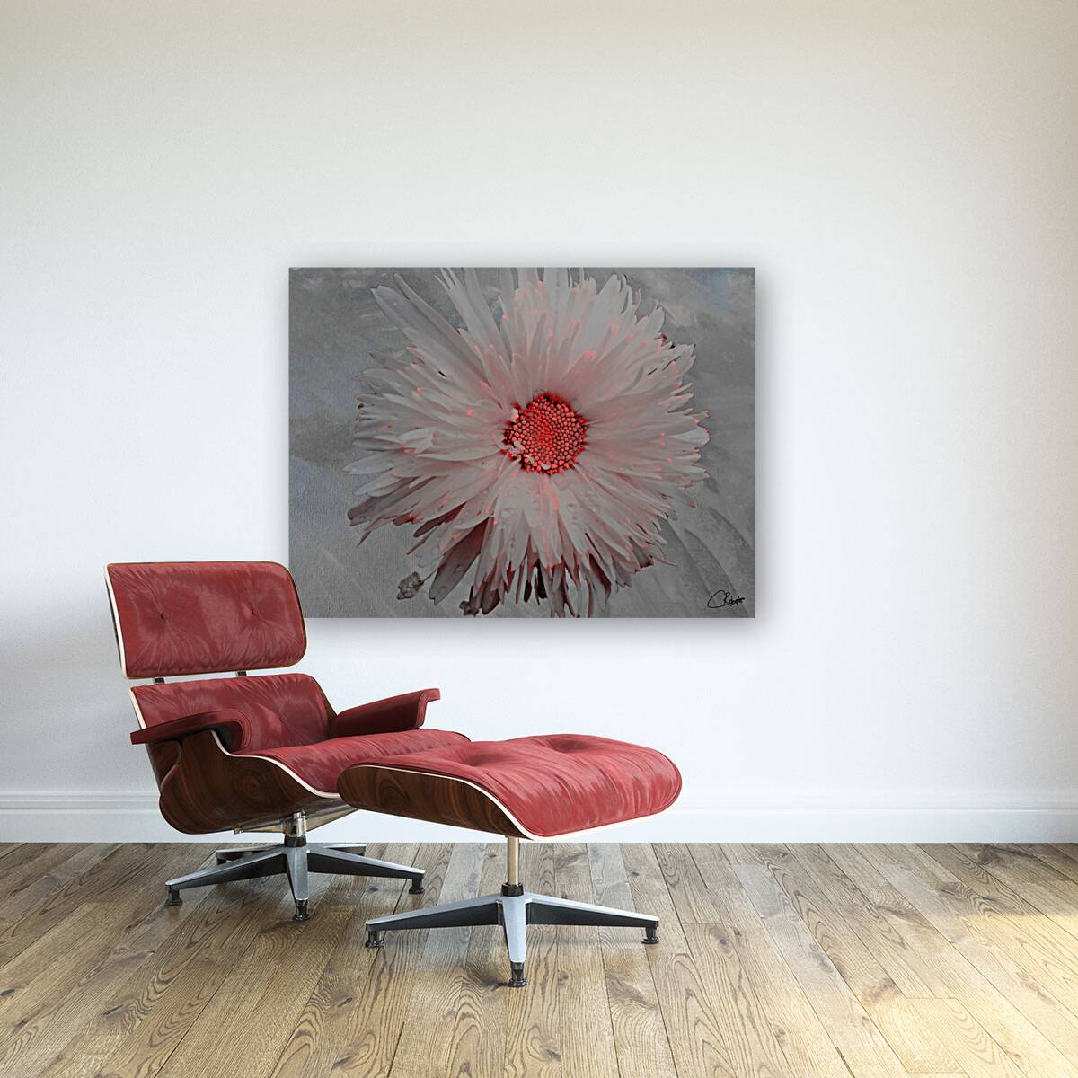 Pink Abstract Daisy Flower Centre on a Grey Abstract Background Reproduction