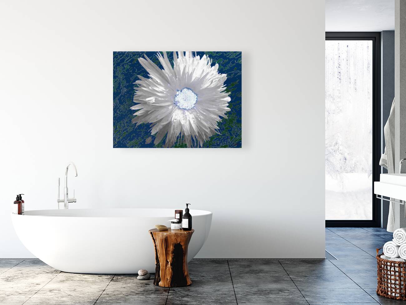 White Daisy Flower with Light Turquoise Centre on an Abstract Background Reproduction