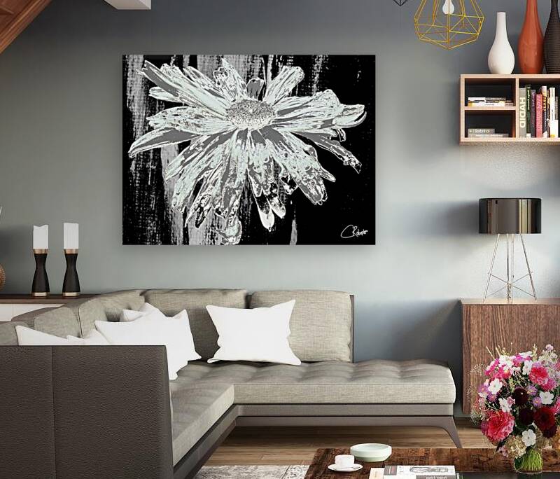  Paler Mint Distressed Daisy Flower on a Dark Abstract Background Reproduction