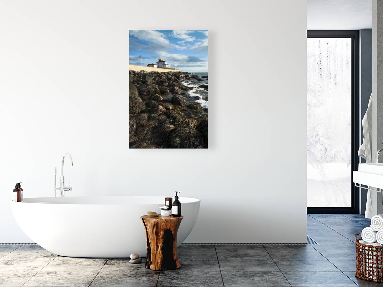 Seaweed Covered Rocky Shore at Watch Hill Light At Low Tide in Rhode Island Reproduction