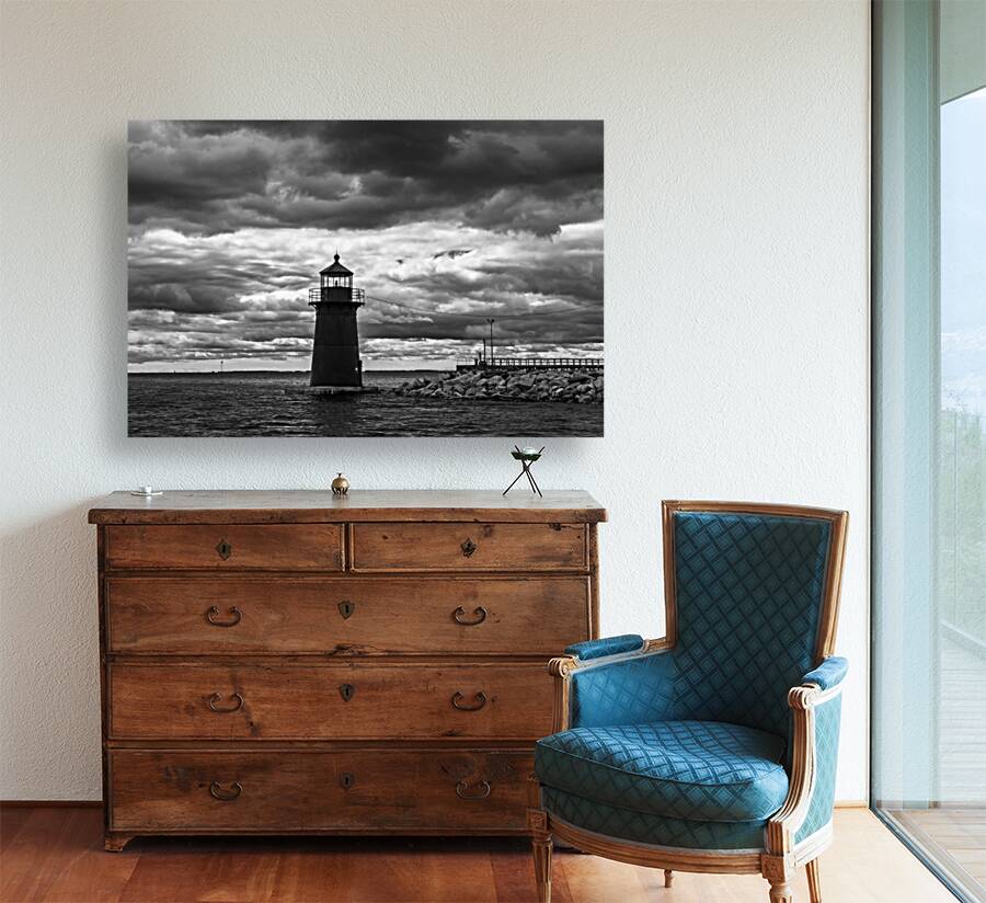 Dark Clouds Around the Black Tower of Tongue Point Light in Bridgeport Connecticut -B&W Reproduction