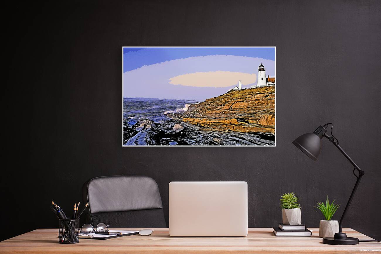 Early Dawn Surrounds Pemaquid Point Lighthouse Over Rocky Cliffs in Maine - Illus. Reproduction