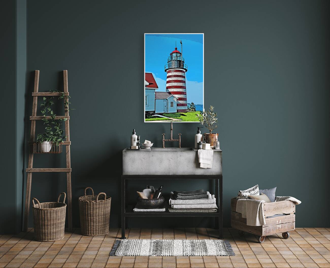 West Quoddy Head Light Striped Tower in Down East Maine - Illus. Reproduction