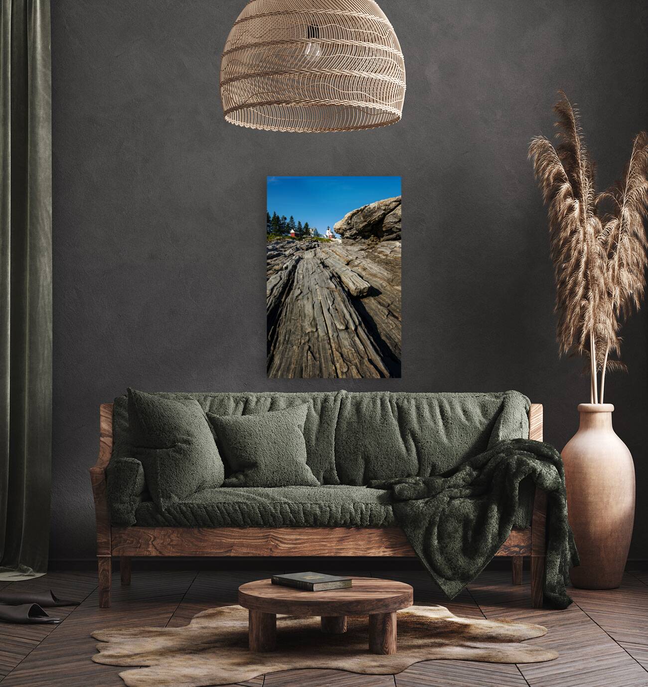 Rock Formations Extend Toward Pemaquid Point Lighthouse in Maine Reproduction