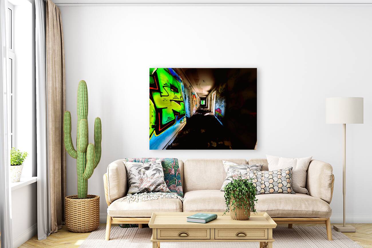 Glowing Grafiti On Decaying Hallway Of Abandoned Luxury Hotel Reproduction