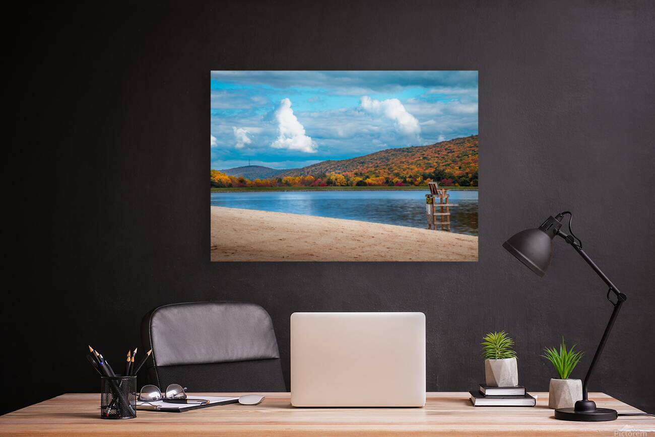 Autumn Beach Scene with Lifeguard Chair at Mauch Chunk Lake Reproduction