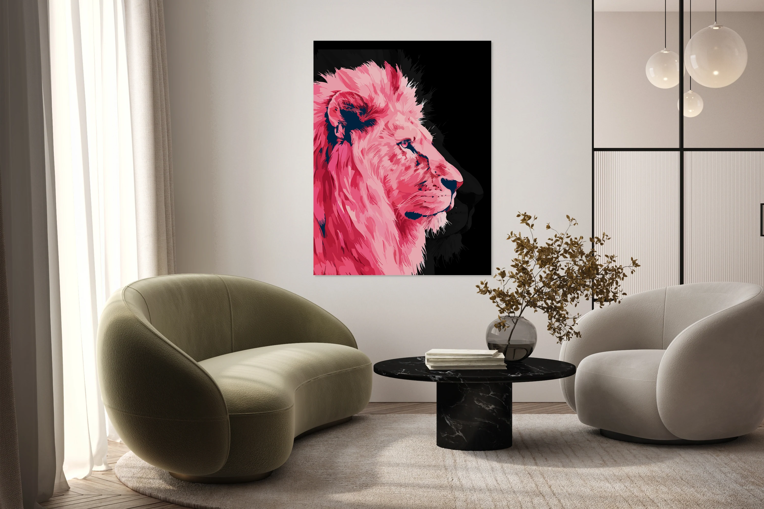 Pink Lion Majesty on Black Canvas