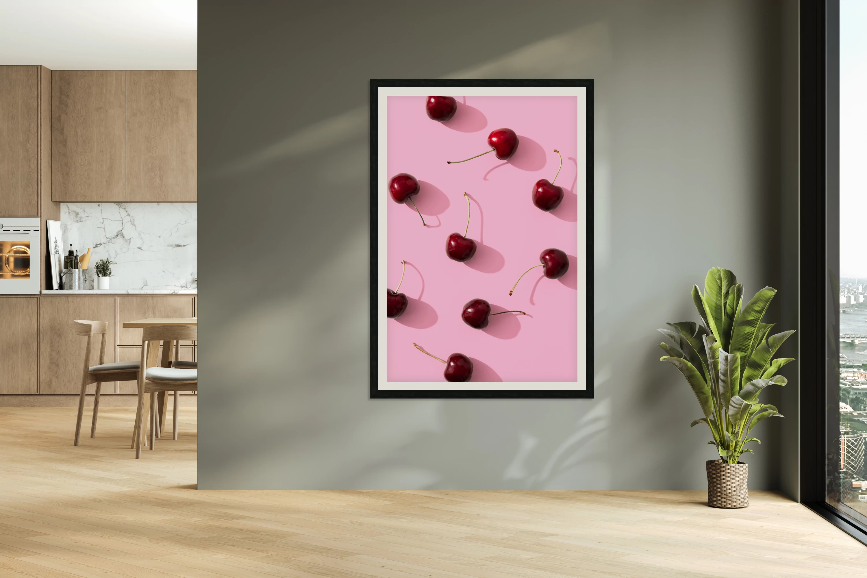 Cherries on pink background