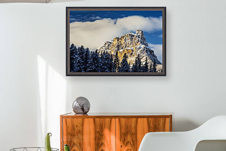 Snow covered rugged mountain and evergreen trees with blue sky and clouds; Banff, Alberta, Canada by PacificStock